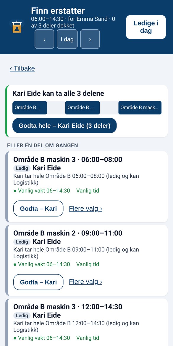 Skjermbilde av formannsvisningen på mobil: forslag til hvem som kan ta en ubemannet plass, med knappen Godta